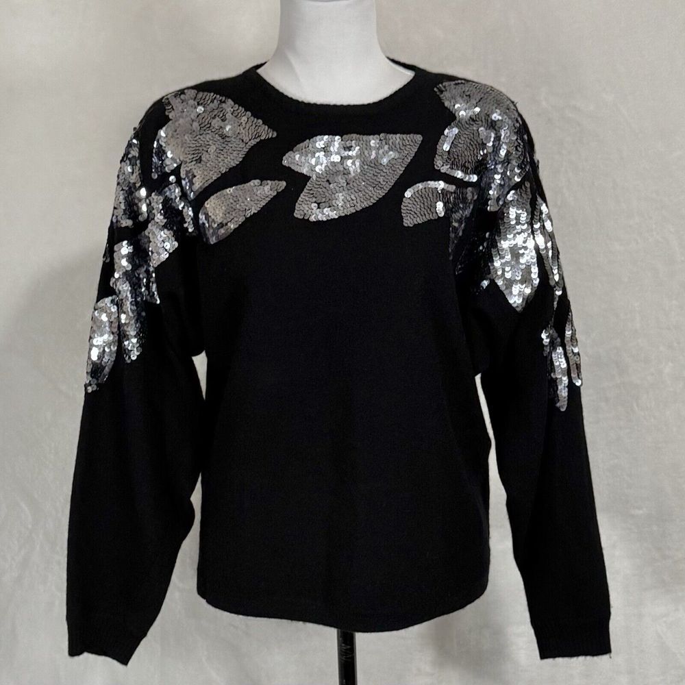 Vintage Rinzi Lambs Wool Sweater‎ Size S Black Silver Sequins Shoulder Pads 80s